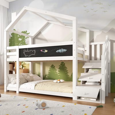 Sweiko Kinderbed Boomhuis met schoorsteen en opberg- en valbeveiliging 90 x 200 cm, stapelbed voor kinderen incl. schoolbord, 2x lattenbod, wit (zonder matras)