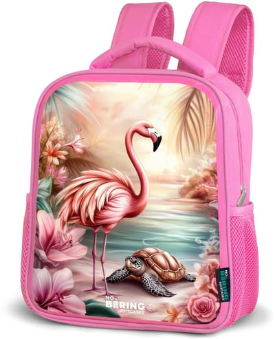 NoBoringSuitcases.com® - Rugzak roze - Schooltas meisjes - Flamingo en schildpad op een roze strand. - Kinder rugtas meisje - Boekentas kind - Kinderrugzak voor school - Schoolrugzak