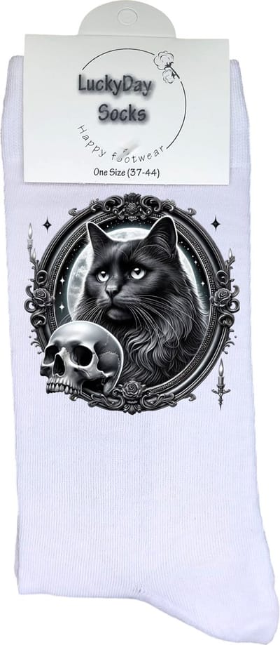 Zwarte kat - Opkikker - Grappige sokken - Valentijn cadeau - Verjaardag cadeau - Sint cadeau - Leuke sokken - Vrolijke sokken - Cadeautje - Grappig cadeau - Schedel - Gotic - Kerstcadeau - Vaderdag - Moederdag - Socks maken Happy - 37-44