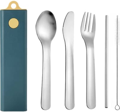Swissbex Reisbestek in Handig Opbergdoosje: Stijlvol Roestvrij Stalen Bestek en Metalen Rietje met reinigingsborstel - Blauw/Geel