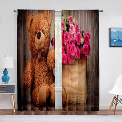 Grappige Teddybeer Met Een Cadeaudoos Liefde Harten Transparante Gordijnen voor Woonkamer Slaapkamer Keuken Decoratie Raam Voiles Tule Gordijn 1 PCS W100XH250cm&Grommet Top