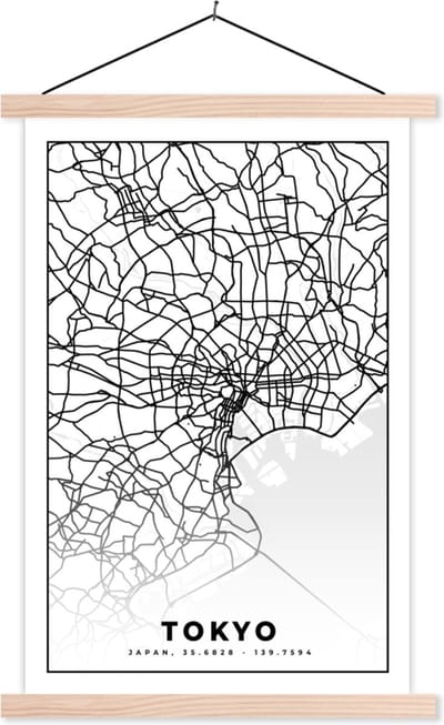 Posterhanger incl. Poster 40x60 cm - Schoolplaat - Tokyo - Stadskaart - Zwart Wit - Plattegrond - Kaart - Textielposter - Blanke latten - Stadskaart