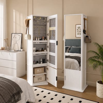 Staande spiegel - 4-in-1 multifunctionele kast met sieradenorganizer - Passpiegels - 360° Draaibare Spiegelkast - 170x55 cm - Met spiegel over de gehele lengte - Met opbergruimte - Wit