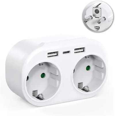 Stopcontact met USB+C-aansluiting, oplaadpoort, wandadapter en verlengsnoer, geschikt voor thuis- en kantoorgebruik.