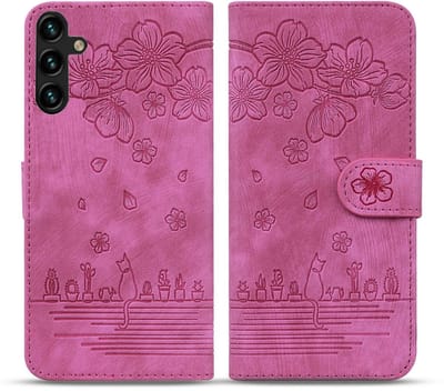 BoekCover Hoes Etui geschikt voor Samsung Galaxy S24 - S25 - Roze - Bloemen Kat - Reliëf