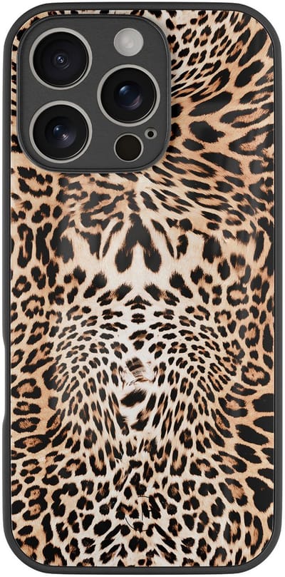Hoesje geschikt voor iPhone 16 Pro - Luipaardprint - Luxe Glazen Hardcase - Luipaardprint - Bruin - Leuke Telefoonhoesjes