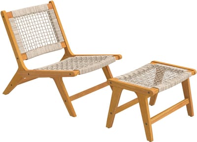 Outsunny Rattan loungestoel set-Acaciahout, PP-vlechtwerk-60L x 83B x 73,5H cm-Beige