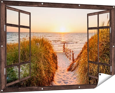 Gards Tuinposter Doorkijk Voetpad in de Duinen met Zonsondergang - 150x100 cm - Tuindoek - Tuindecoratie - Wanddecoratie buiten - Tuinschilderij
