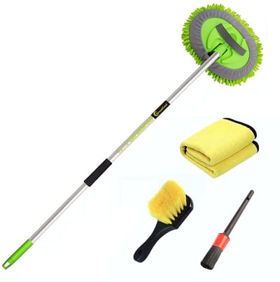 Dailygoods- Autowasborstelset met telescopische handgreep - 2-in-1 Chenille microvezel - Geschikt voor auto/vrachtwagen/SUV/camper - Zachte synthetische borstelharen - Inclusief dweilreiniger - Autowasborstel