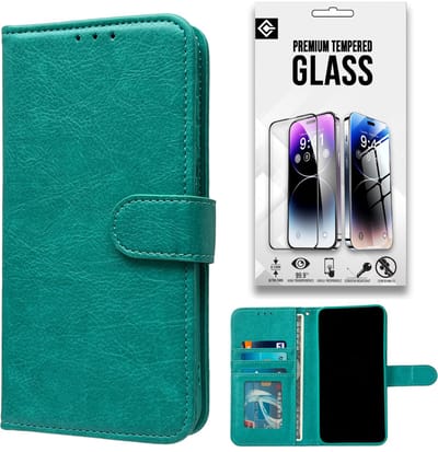 Casemania Hoesje en Glas Geschikt voor Samsung Galaxy A17 5G - Turquoise - Luxe Portemonnee Book Case met Pasjeshouder - Wallet Case Telefoonhoesje - 1x Tempered Glazen Screenprotector