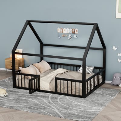 DESMIU Metalen Bed 140x200 cm – Huisvormig Kinderbed Met Veiligheidshek En Deurtje – Zonder Matras – Voor Slaapkamer – Metaal – Zwart