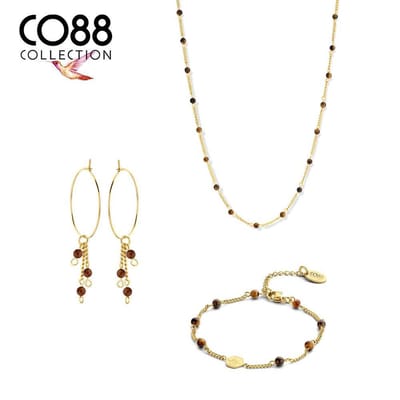 CO88 Collection 8CO-SET089 Stalen Sieradenset - Ketting met Tijgeroog Bolletjes - 38 + 7 cm - Armbanden met Tijgeroog Bolletjes - 16,5 + 3 cm - Oorringen met Hangertjes met Tijgeroog Bolletjes - 25 mm - Gourmette - Goudkleurig