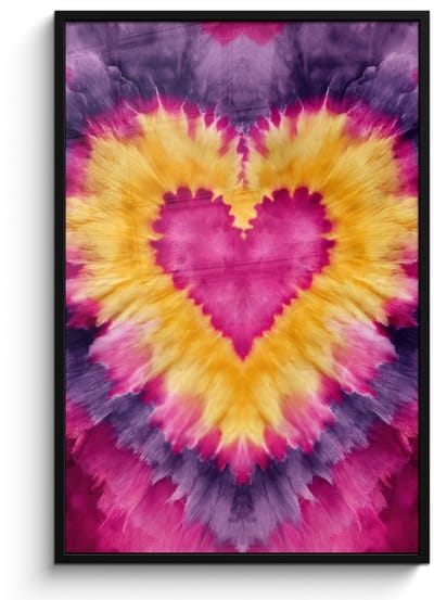 Poster in lijst - Fotolijst 80x120 cm - Posters - Tie dye - Hartvorm - Vlammen - Oranje - Posterlijst zwart - Decoratie - Wanddecoratie woonkamer - Muurdecoratie slaapkamer