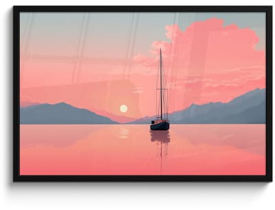 Poster in lijst - Fotolijst 90x60 cm - Posters - Zeilboot - Roze zee - Zonsondergang - Bergen - Posterlijst zwart - Decoratie - Wanddecoratie woonkamer - Muurdecoratie slaapkamer