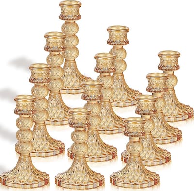 Set van 12 Glazen Kaarsenhouders voor Dunne Kaarsen - Kristallen Kandelabers voor Tafeldecoratie