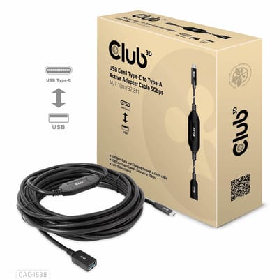Club 3D Actieve USB-C®-naar-A-adapterkabel 5 Gbps (mannelijk/vrouwelijk) 10 m/32,8 ft