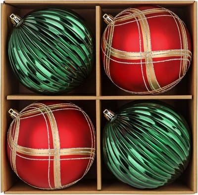Set van 4 Grote Kerstballen 12 cm Shiny Kerstboomdecoraties met Cadeauverpakking en Hanghaakjes - Rood en Groen Kerstdecoratie voor een Feestelijke Sfeer