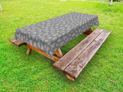 ABAKUHAUS Bloemen Buitentafelkleed, Handgetekende plantenlay-out, decoratief wasbaar picknicktafelkleed, 145 x 210 cm, grijs en wit
