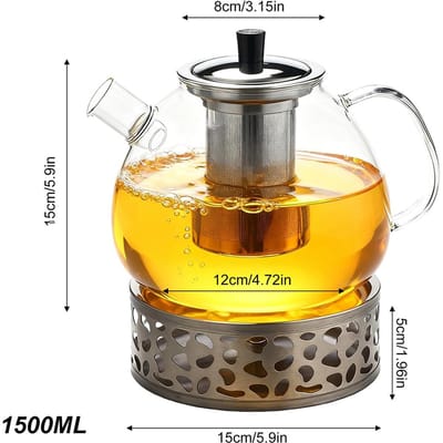 Theepot met Warmhoude - 1500 ml - Glazen Theepot met Zeef - voor Het Zetten Van Thee, Losse Thee en Warme Thee - Theepot met Filter - Kaarsen Niet Inbegrepen