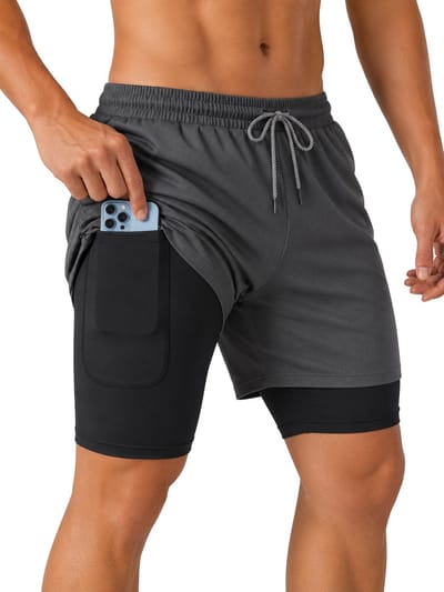SparkNine Stridex fitness short heren - dubbellaags - met telefoonzak - XXL - grijs - sneldrogend - met handdoeklus & zakken - functioneel & comfortabel