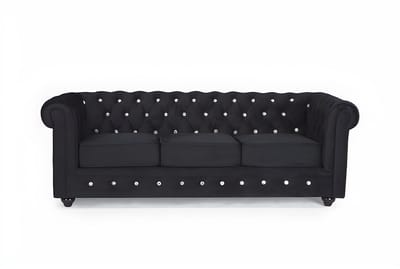Vente-unique Driezitsbank CHESTERFIELD - velours - zwart met kristallen knopen