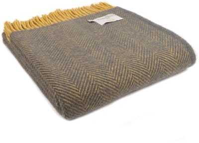 Plaid Visgraat Blauw en Mosterd geel - 150x183 - Nieuw Wol - Tweedmill UK