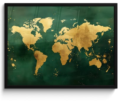 Poster in lijst - Fotolijst 80x60 cm - Posters - Wereldkaart - Groen - Goud - Posterlijst zwart - Decoratie - Wanddecoratie woonkamer - Muurdecoratie slaapkamer