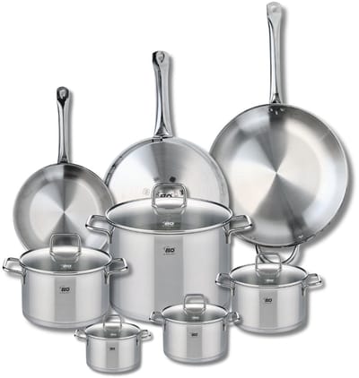 Set van 3 Kookpannen 24, 28 en 32 cm en 5 braadpannen 12, 14, 16, 20 en 26 cm Elo Profi Citrin