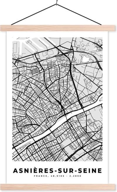 Posterhanger incl. Poster 40x60 cm - Schoolplaat - Asnières-sur-Seine - Plattegrond - Frankrijk - Kaart - Stadskaart - Textielposter - Blanke latten - Stadskaart
