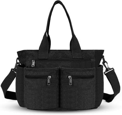 Famanu - Corduroy schoudertas, corduroy tas, grote capaciteit, crossbody draagtas, stijlvolle handtas met meerdere zakken, verstelbare en afneembare riem, voor vrouwen, mannen, school, winkelen, werk, zwart