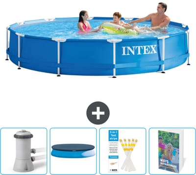 Intex Rond Frame Zwembad - 366 x 76 cm - Blauw - Inclusief Pomp Afdekzeil - Testrips - Zwembadgids