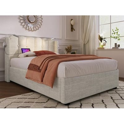 ModernLuxe Gestoffeerd opbergbed met LED en USB oplaadpoorten - 90x200cm - linnen stof - met lattenbodem - Beige