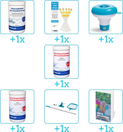 Zwembad Onderhoudspakket - Onderhoud Zwembad - bevat Chloor - Testrips - Chloordrijver - PH-min - PH-plus - Schoonmaakset en Zwembadgids (7-delig)