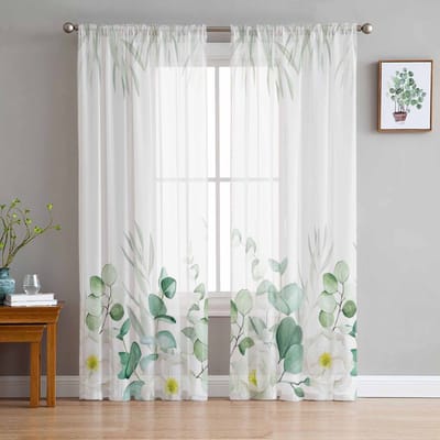 Zomer Aquarel Plant Eucalyptusblad Transparante Raamgordijnen Voor Woonkamer Keuken Kinder Slaapkamer Voile Hanggordijn 135W x 114H(cm) white