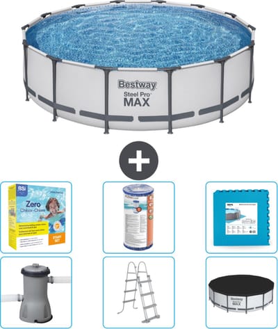 Bestway Rond Steel Pro MAX Zwembad - 427 x 107 cm - Grijs - Inclusief Pomp - Ladder - Afdekzeil Onderhoudspakket - Filter - Vloertegels