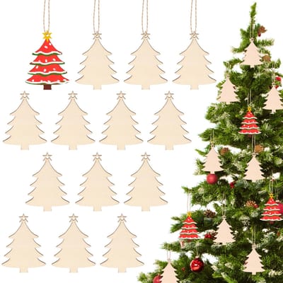 longziming -Set van 50 Houten Kerstboom Hangers – Blank Hout met Jute Touw, 8,5 x 6,5 cm, DIY Kerstdecoratie & Knutselmateriaal