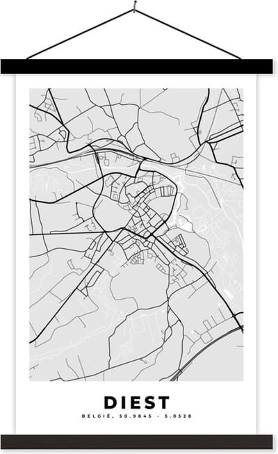 Posterhanger incl. Poster 40x60 cm - Schoolplaat - Plattegrond – Diest – Zwart Wit – Stadskaart - Kaart - Textielposter - Zwarte latten - Stadskaart