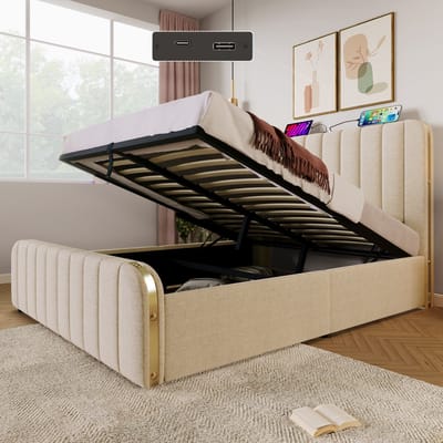 Gestoffeerd tweepersoonsbed met gewatteerd hoofdbord, gouden sierstrepen en USB Type-C-oplaadfunctie, 140*200 cm, beige linnen, hydraulisch opbergbed, draagvermogen 181 kg (zonder matras)