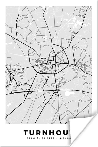 Poster Zwart Wit – België – Plattegrond – Stadskaart – Kaart – Turnhout - 120x180 cm XXL