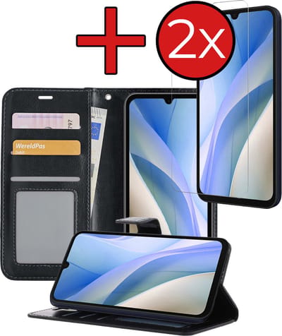 Hoesje - Met 2x Screenprotector - Geschikt voor Samsung Galaxy A15 - Luxe Pasjeshouder - Flip Case - Bookcase Portemonee - Kunstleer Book Case - Flipcase Hoes - Book Cover - Walletcase - Portemonneehoes - Telefoonhoes - Zwart
