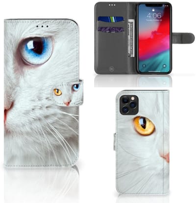 Apple iPhone 11 Pro Max Telefoonhoesje met Pasjes Witte Kat