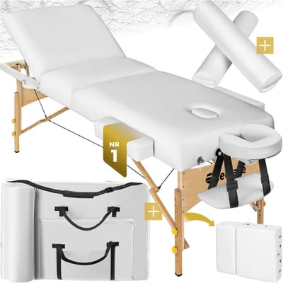 tectake® 3 zones massagetafel - Behandeltafel Somwang - 7,5 cm matras en houten frame - Inclusief rolkussens en draagtas - Behandelbank - Opvouwbaar - Draagvermogen tot 250 kg - Wit
