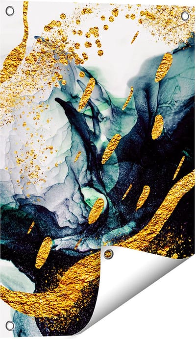 Gards Tuinposter Abstracte Kunst - Zwart Wit met Gouden Strepen - 40x60 cm - Tuindoek - Tuindecoratie - Wanddecoratie buiten - Tuinschilderij