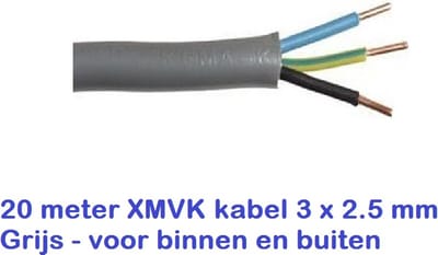 XMVK-kabel - 20 METER - 3 X 2.5 MM - GRIJS - VOOR BINNEN OF BUITEN GEBRUIK - VOOR BOVEN DE GROND