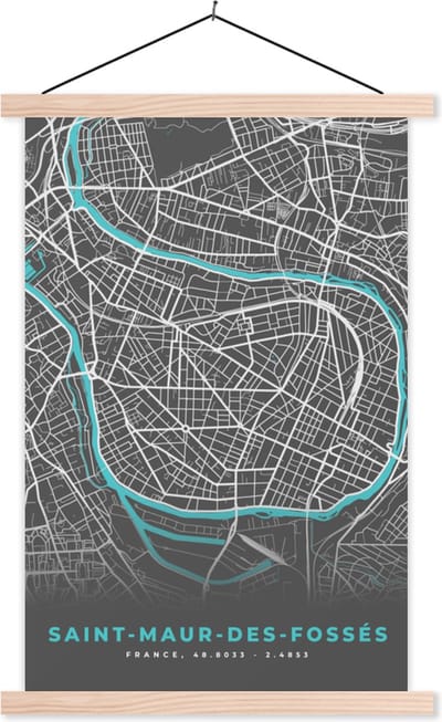 Posterhanger incl. Poster 40x60 cm - Schoolplaat - Saint-Maur-des-Fossés - Frankrijk - Plattegrond - Stadskaart - Kaart - Textielposter - Blanke latten - Stadskaart