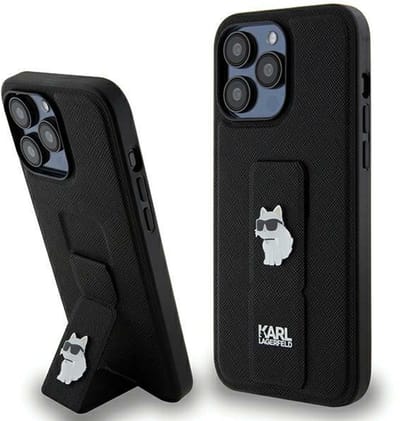 Karl Lagerfeld Gripstand Saffiano Choupette Pins case for iPhone 13 Pro Max - black