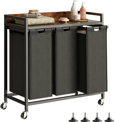 Mand met plank, wasmand in 3 secties, wasmand met uittrekbare verwijderbare grote zakken en wielen, metalen frame, 3 x 60 l, rustiekbruin + zwart PF04XLY