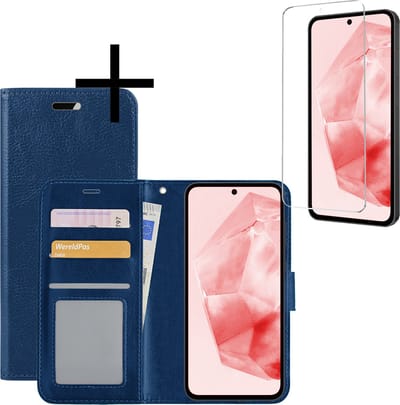Hoesje - Met Screenprotector - Geschikt voor Samsung Galaxy A35 - Luxe Pasjeshouder - Bookcase Portemonee - Flip Case - Kunstleer Book Case - Flipcase - Book Cover - Walletcase - Portemonneehoes - Donkerblauw