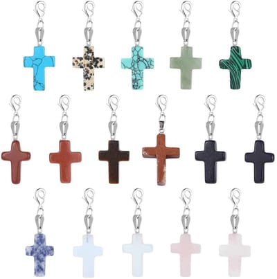 PandaHall 16 Stijlen Kruis Stone Charms 16 STKS Kruis Clip-on Hangers Quartz Edelsteen Charm met Kreeft Klauw Sluiting voor Pasen Eid Mubarak Ketting Oorbel Armband Sieraden Maken