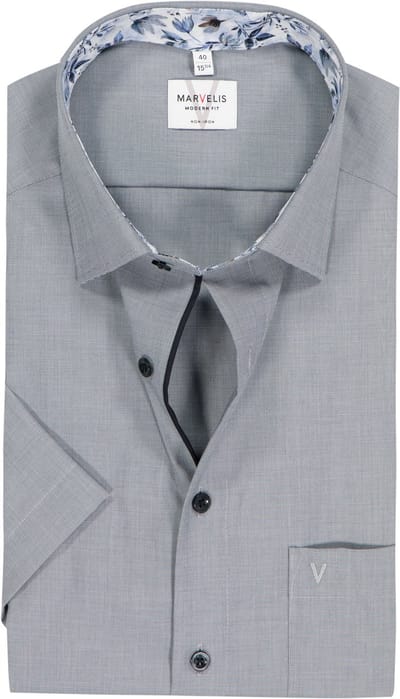 MARVELIS modern fit overhemd - korte mouw - fil a fil - donkergrijs - Strijkvrij - Boordmaat: 38 (EU maat: S)